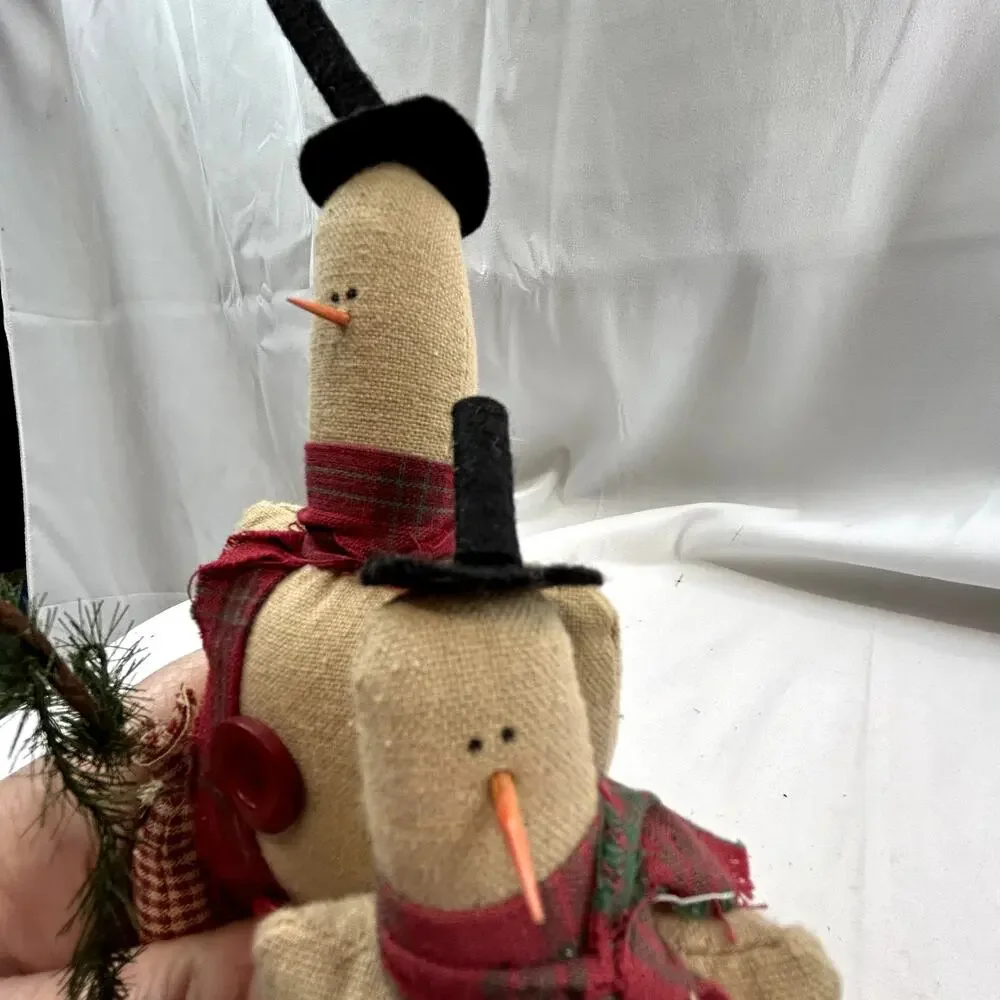 SKU2178 Handmade Flour Sack Snowmen With Trees Rustic Farmhouse Christmas Decor